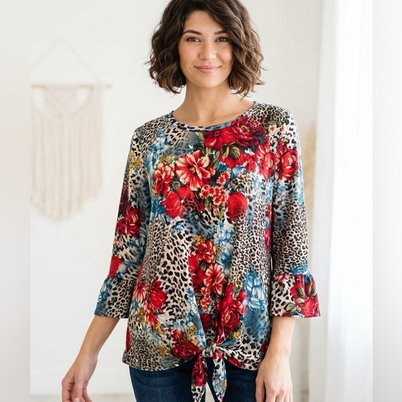 Now N Forever Boho Artsy Mixed Media Tunic 3/4 Sleeve Floral Animal Print Size M - Picture 3 of 8